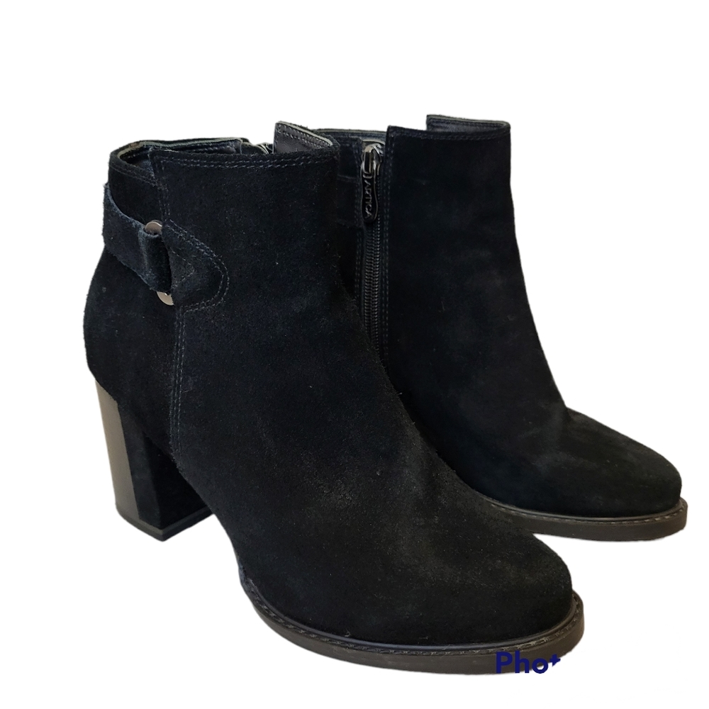 Artica by Browns black suede slip on ankle boots, side zip and square heel Sz 7